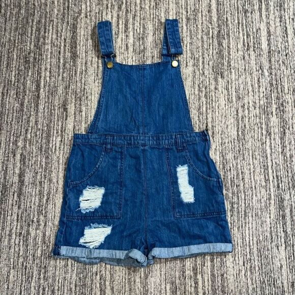 Tinseltown Women’s Size Medium Denim Shortalls Blue Distressed 100% Cotton Great - Picture 1 of 7